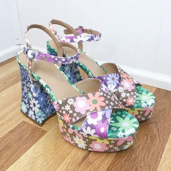 GIANNI BINI Ulti-Mate 70s Floral‎ Platform Sandals Strappy Chunky Heel Size 8.5 - Picture 1 of 12